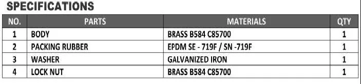 Specifications table for Cast Brass Urinal Spud & Closet Spud