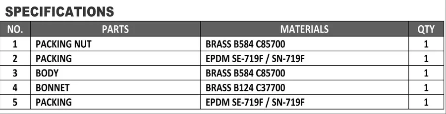 Specifications table for Trap Cast Brass/CP
